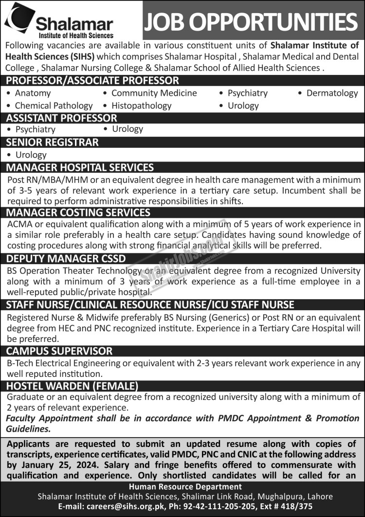 Shalamar Institute Of Health Sciences SIHS Jobs 2024 2