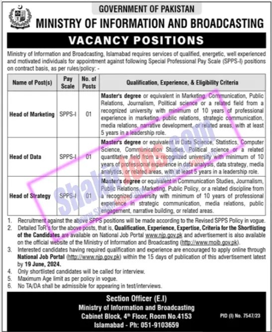 MOIB Jobs 2024 Ministry of Information and Broadcasting Ad 2