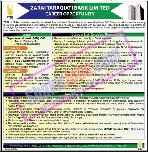 Zarai Taraqiati Bank ZTBL Jobs 2024 Ad 2