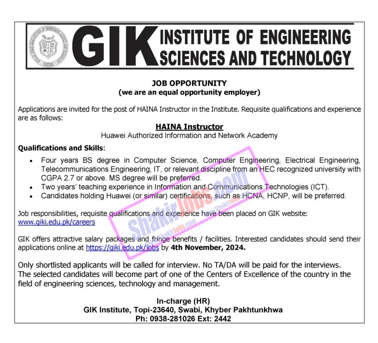 GIKI Institute of Engineering Science and Technology Jobs 2024 Ad 2