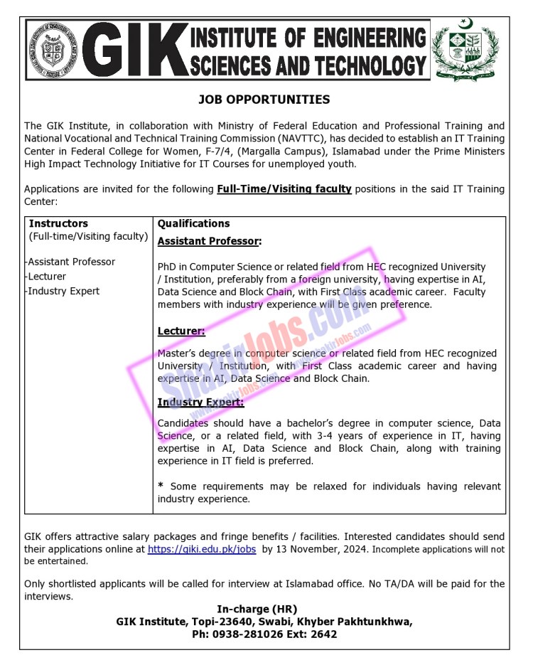 GIKI Institute of Engineering Science and Technology Jobs 2024 Ad 3