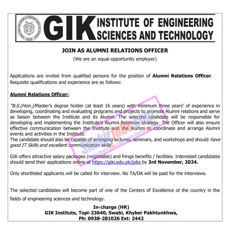 GIKI Institute of Engineering Science and Technology Jobs 2024 Ad 4