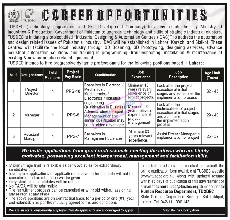 TUSDEC Jobs 2024 Technology Upgradation and Skill Development Company Ad 3