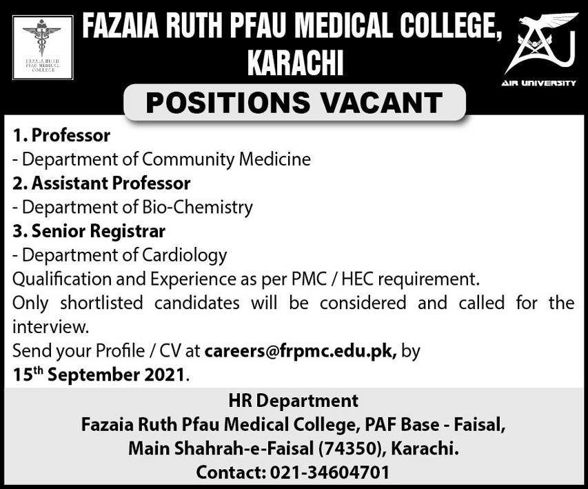 Fazaia Ruth PFAU Medical College Karachi Jobs September 2021