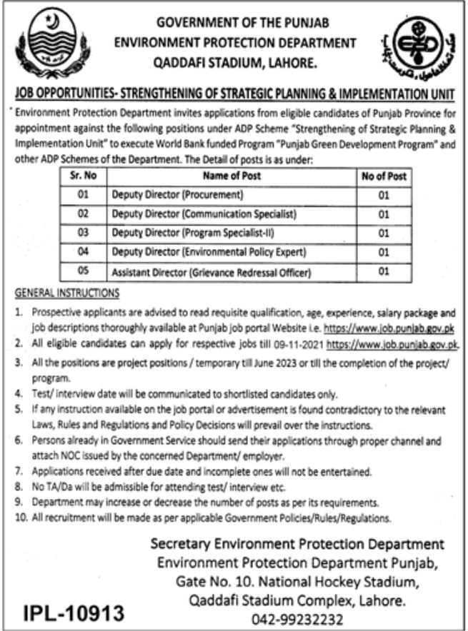 Government of the Punjab Environment Protection Department Jobs October