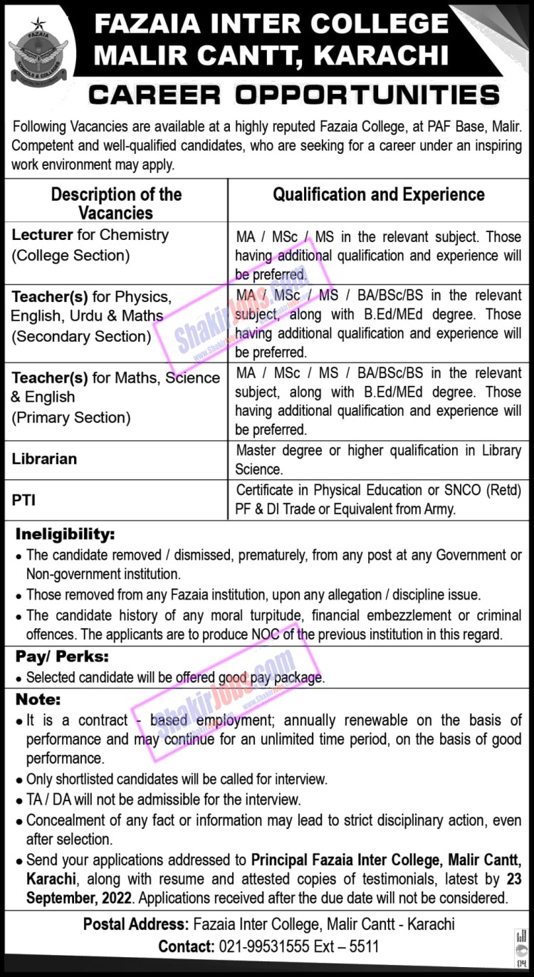 Fazaia Inter College FIC Malir Cantt Karachi Jobs 2022