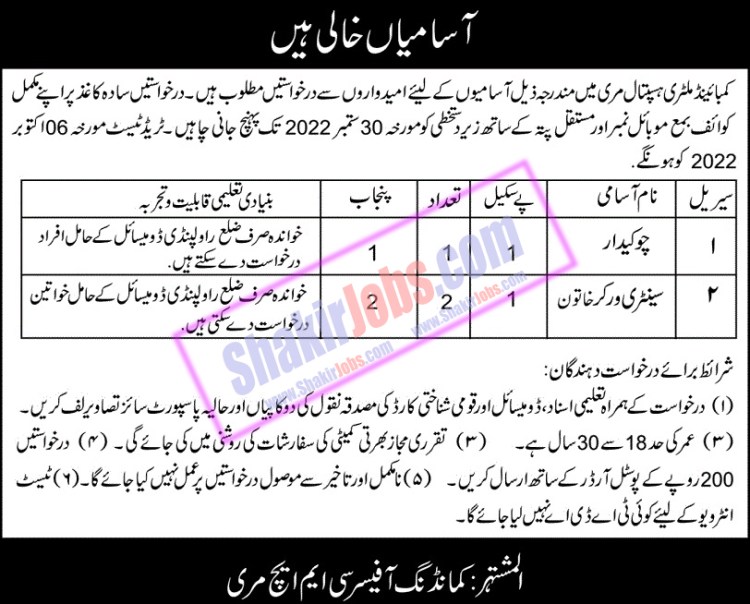 Combined Military Hospital CMH Murree Job 2022