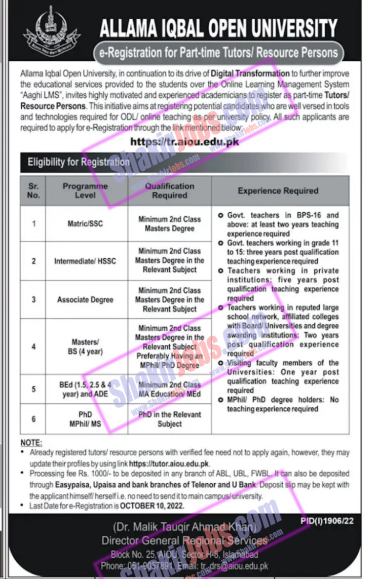 AIOU Tutors Jobs 2022