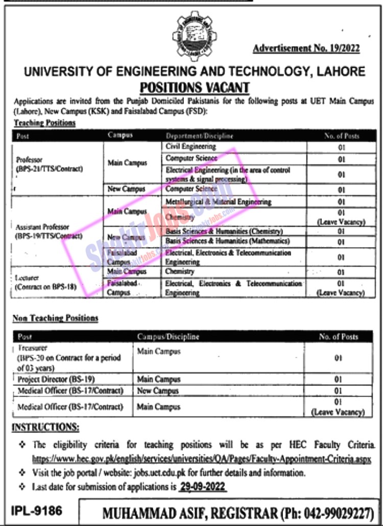 UET Lahore Jobs 2022