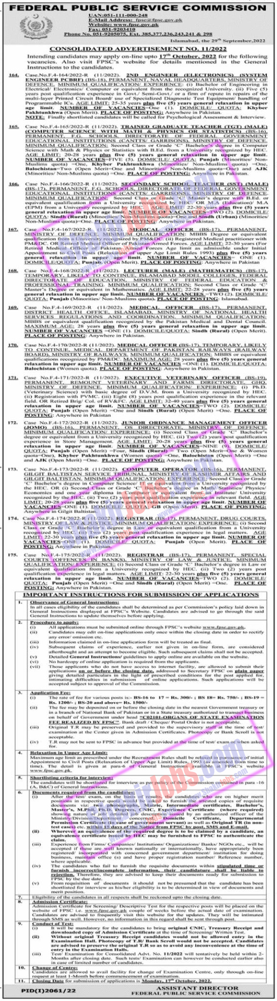 FPSC Jobs 2022 Consolidated Advertisement No 11 2022