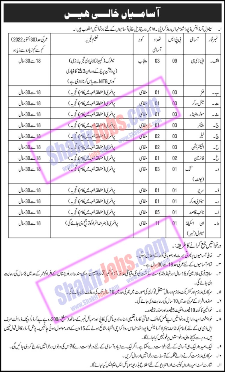 Pakistan Army Central Ordnance Depot COD Rashid Minhas Road Karachi Jobs 2022