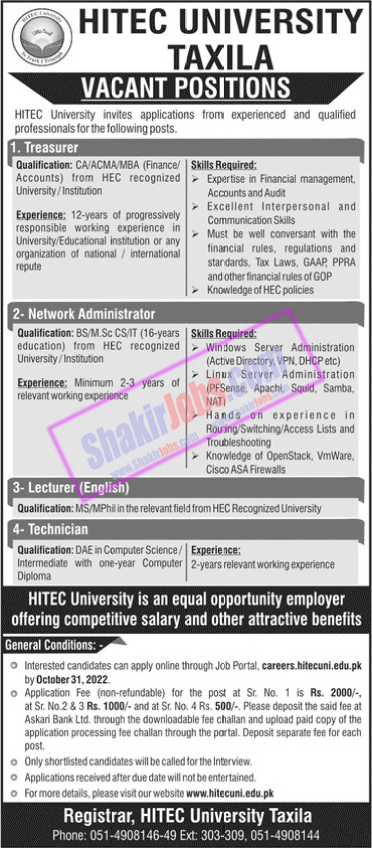 HITEC University Taxila Jobs 2022