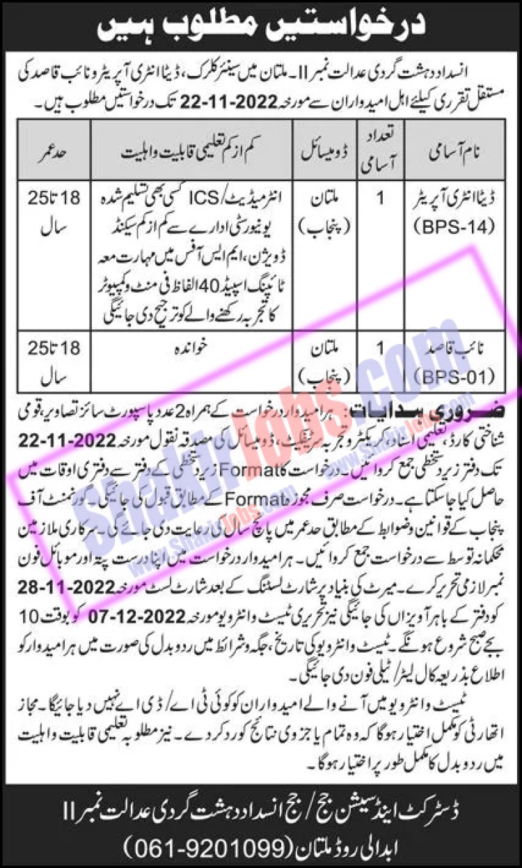 Anti Terrorism Court II Multan Jobs October 2022