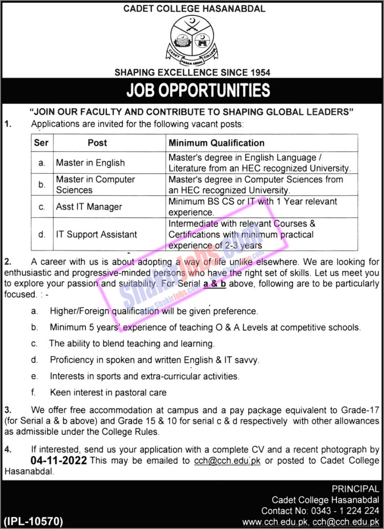 Cadet College Hasan Abdal Jobs October 2022