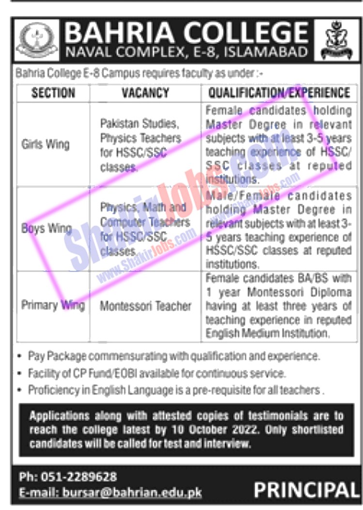 Bahria College E-8 Campus Islamabad Jobs 2022