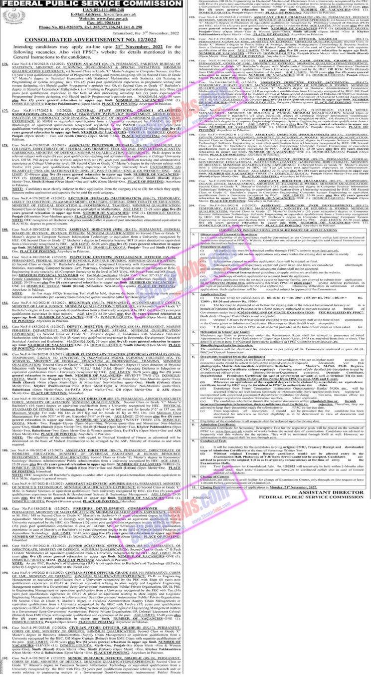 FPSC Jobs 2022 Consolidated Advertisement No 12 2022
