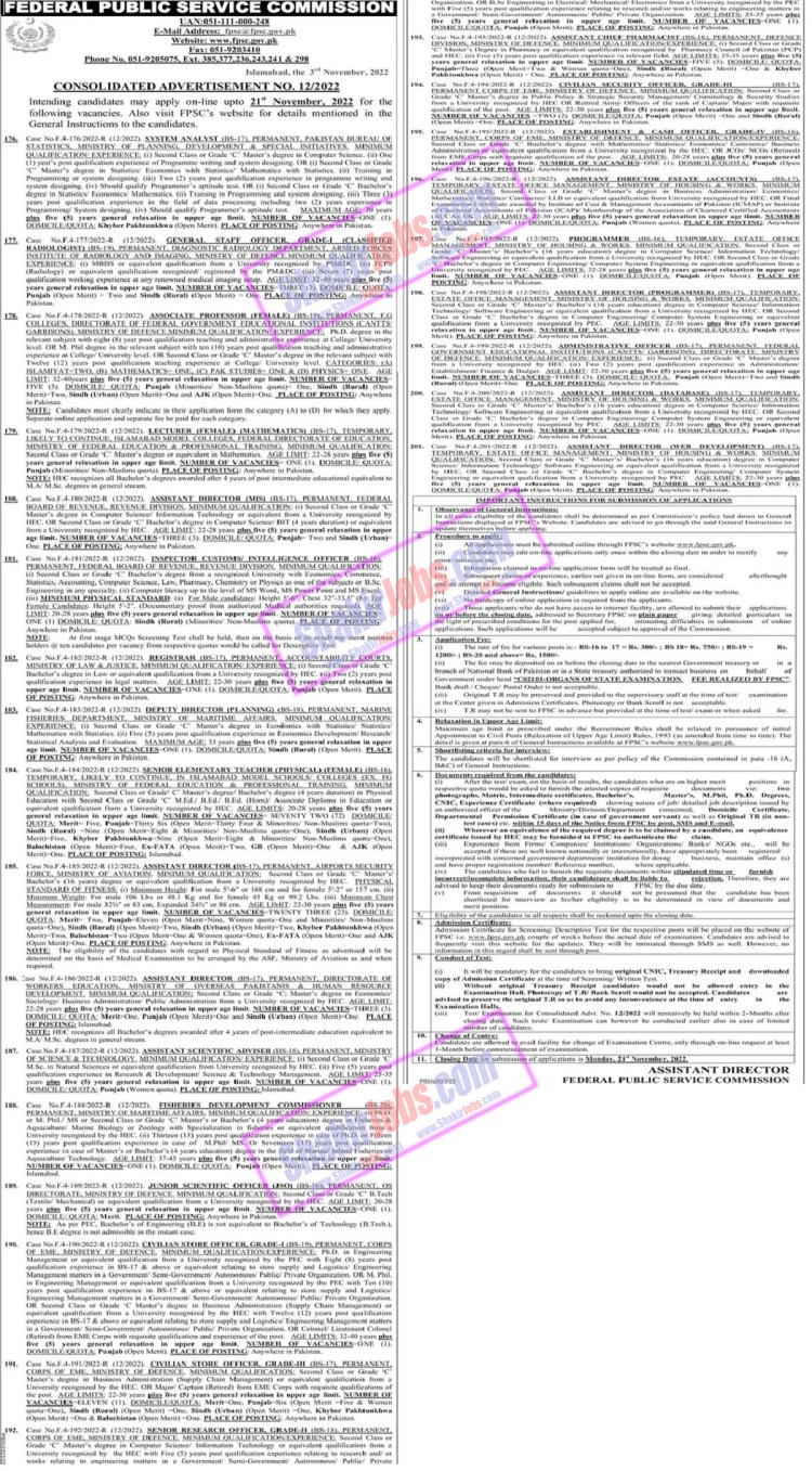 FPSC Jobs 2022 Consolidated Advertisement No 12 2022
