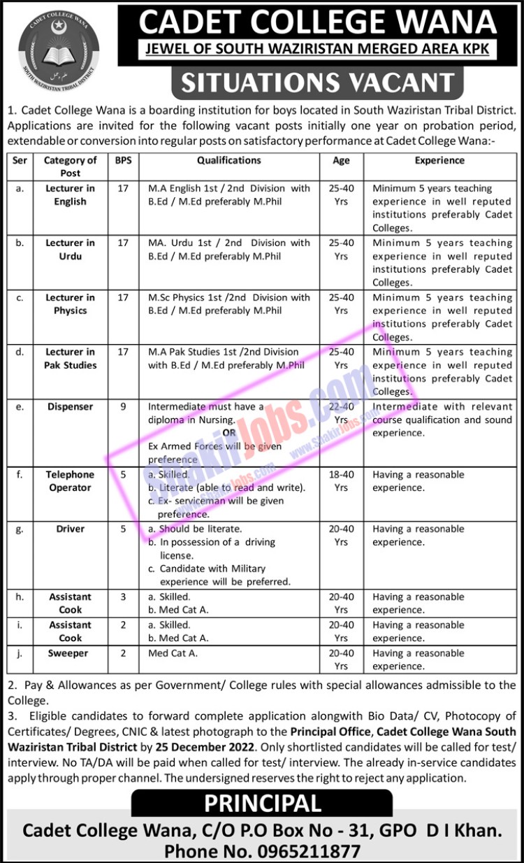 Cadet College Wana Jobs December 2022