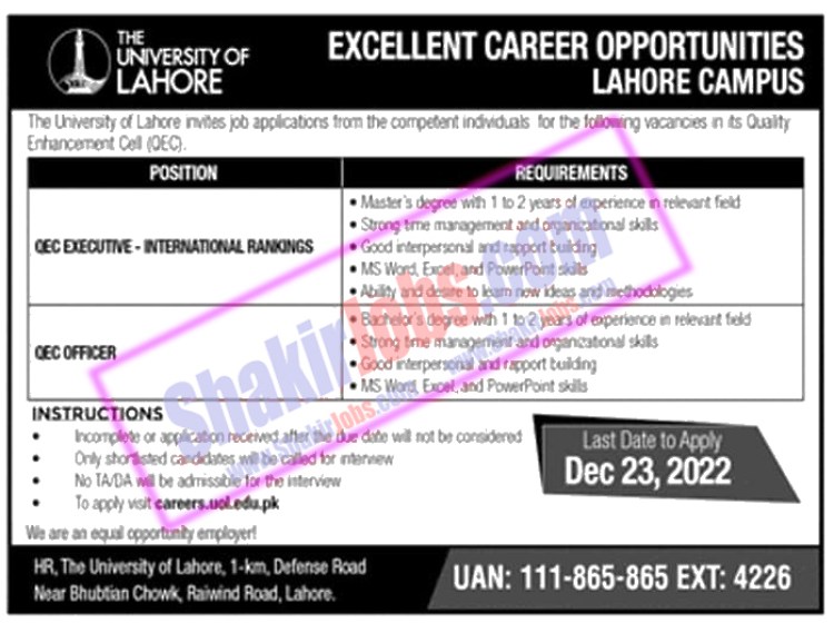 University of Lahore UOL Jobs December 2022