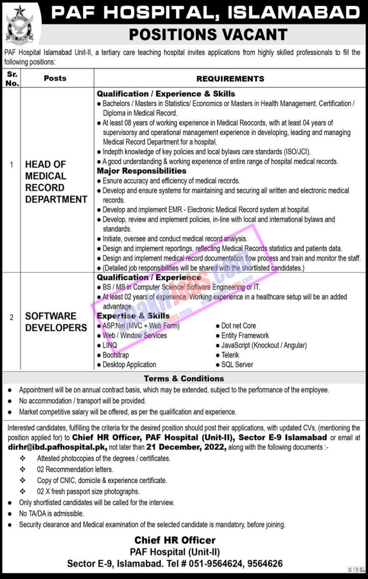 PAF Hospital Islamabad Unit II Jobs December 2022