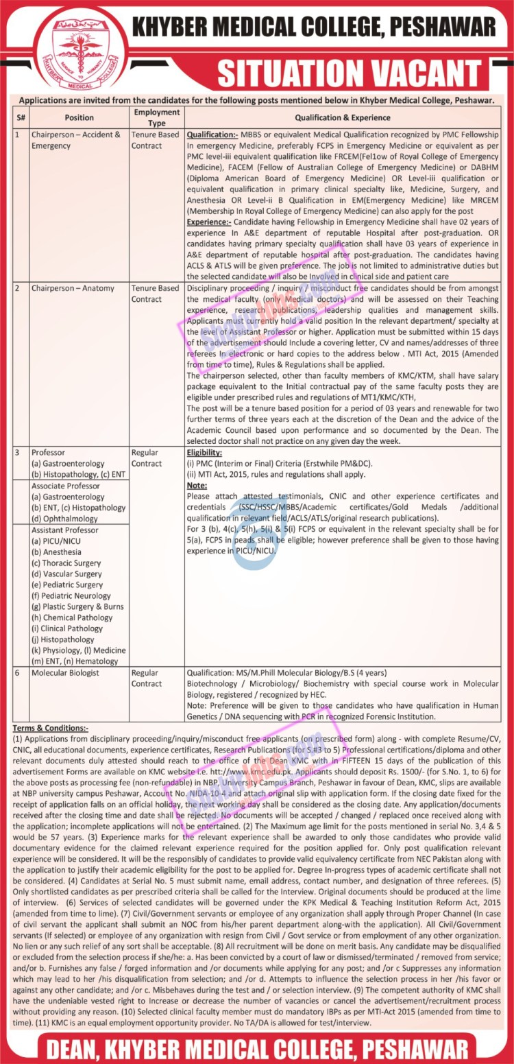 Khyber Medical College Peshawar Jobs December 2022