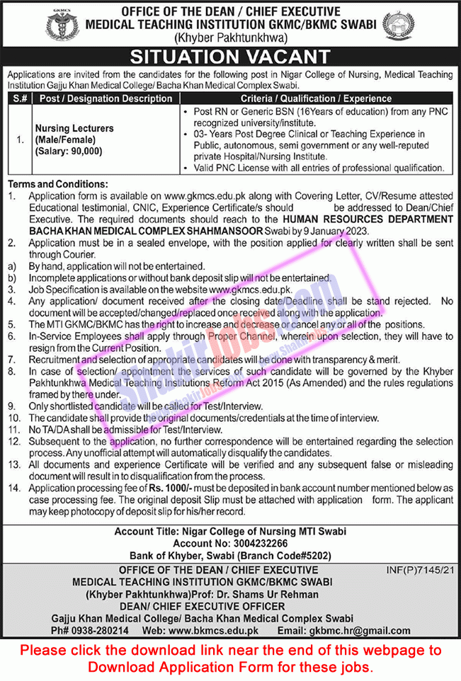 Bacha Khan Medical Complex Jobs December 2022
