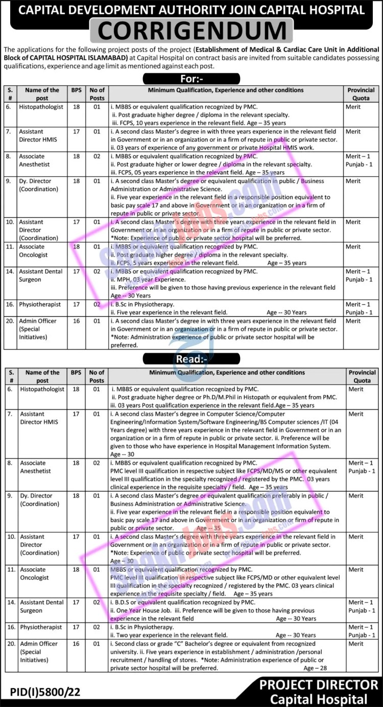 Corrigendum CDA Hospital Jobs March 2023