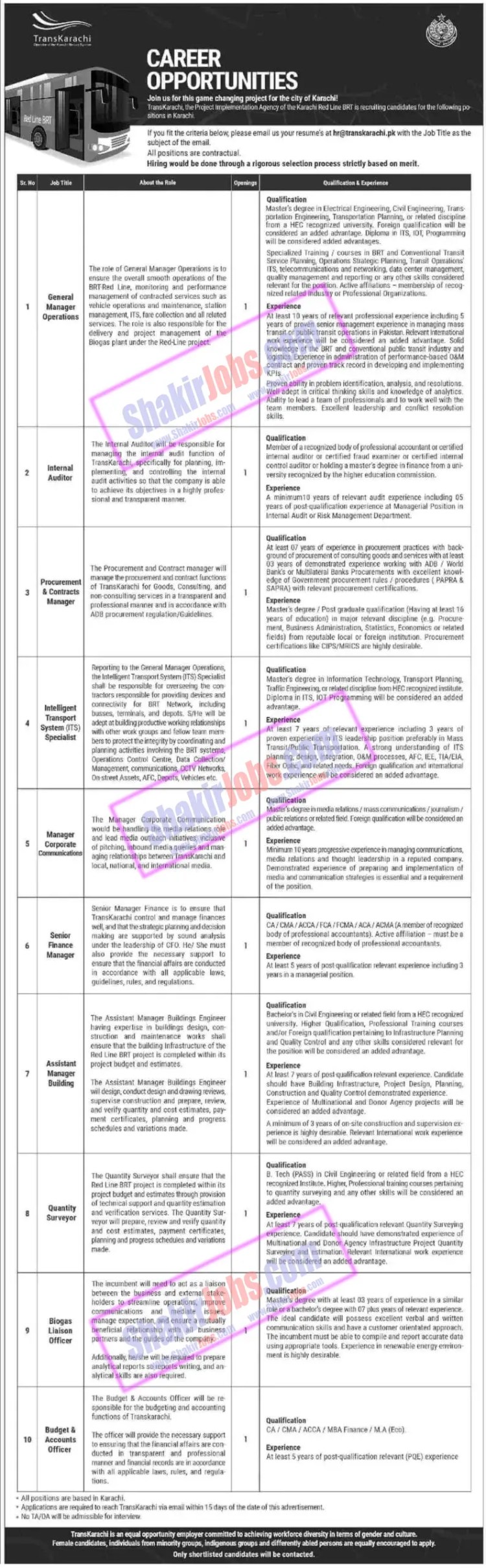 Trans Karachi Jobs April 2023 Red Line BRT