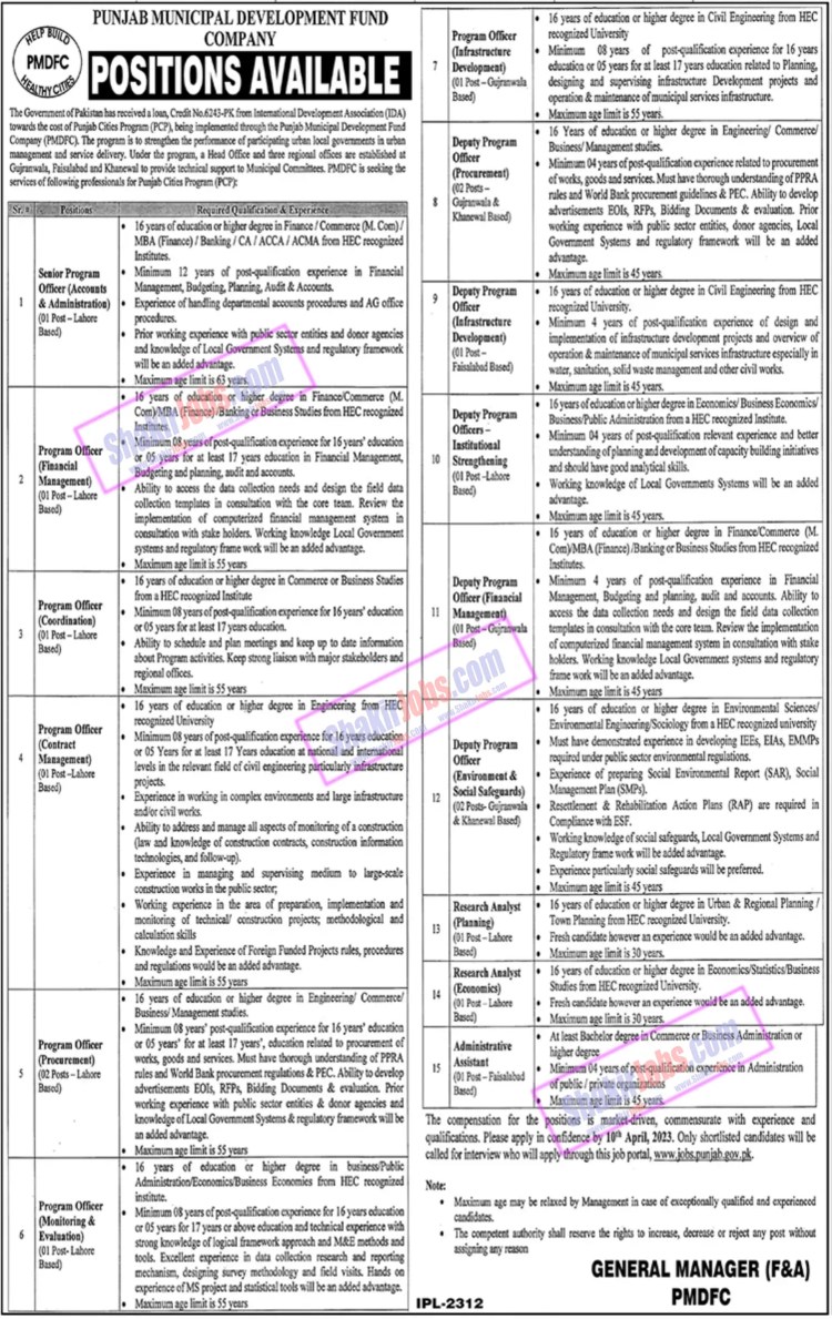 PMDFC Jobs April 2023 Ad 2 Punjab Municipal Development Fund Company
