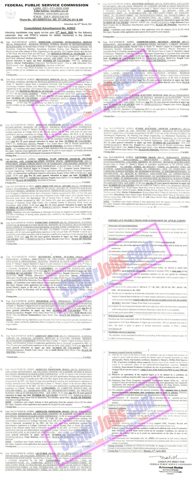 FPSC Jobs April 2023 Advertisement No 4