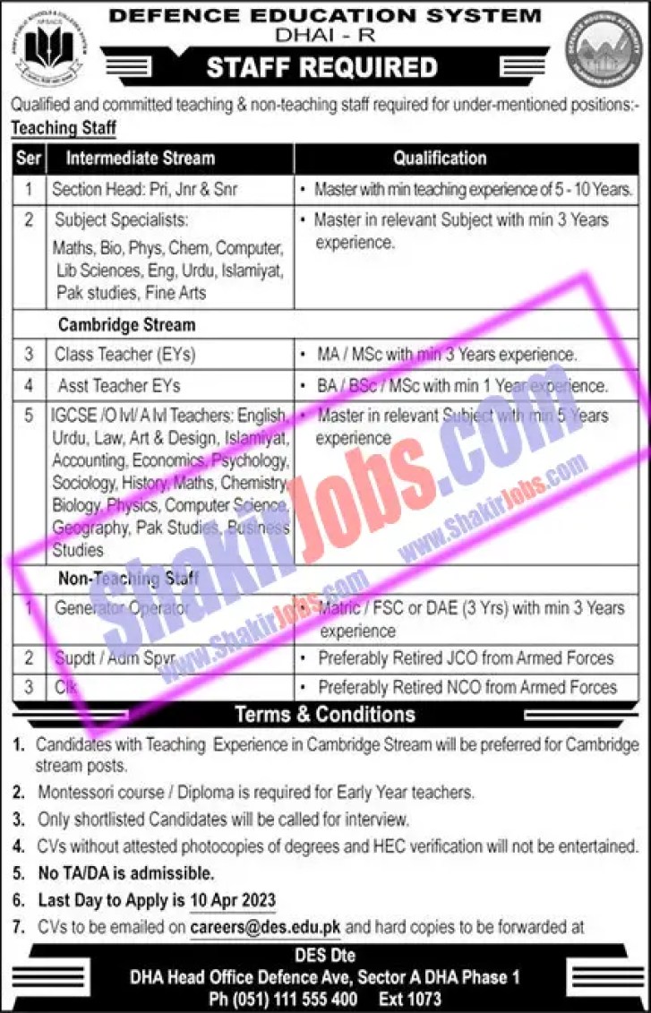DES Jobs April 2023 Defence Education System