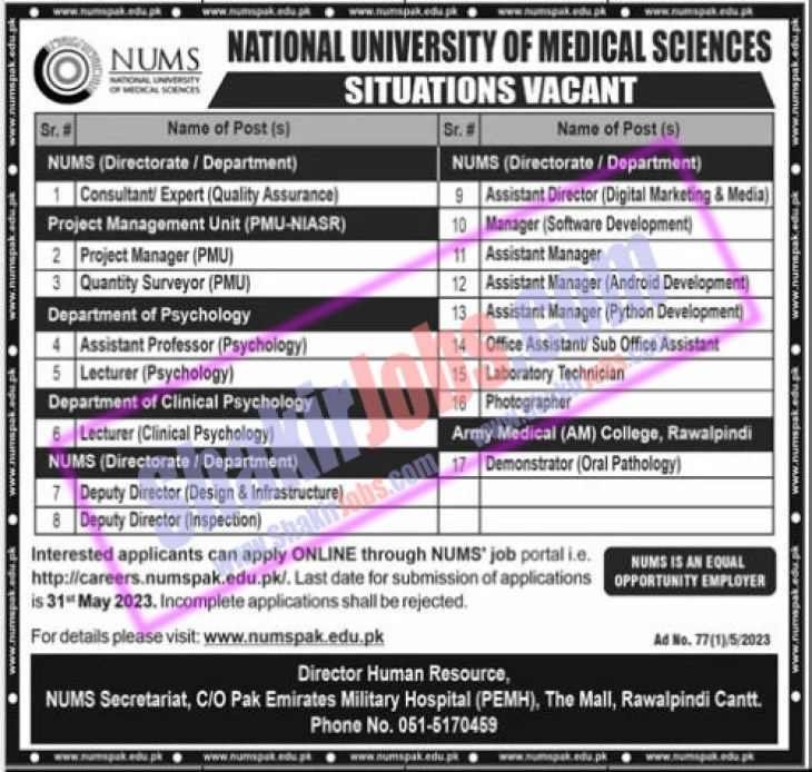 NUMS Jobs May 2023 National University of Medical Sciences