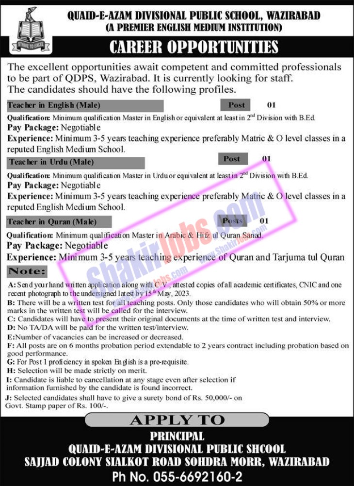 Quaid E Azam Divisional Public School and College Jobs May 2023