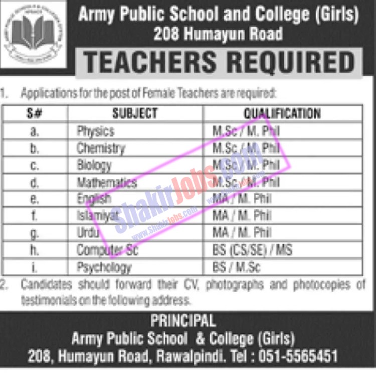 APS Rawalpindi Jobs June 2023 Army Public School Ad 1