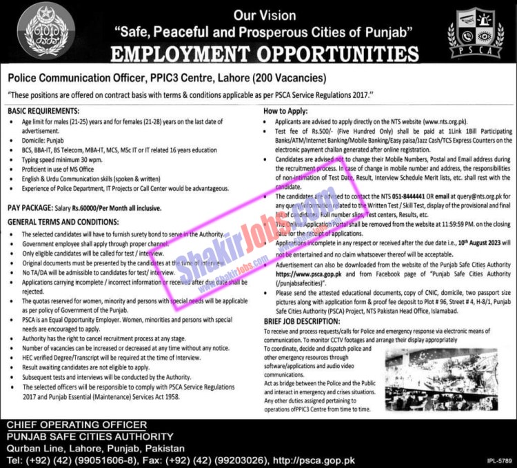 PSCA Jobs July 2023 Punjab Safe City Authority