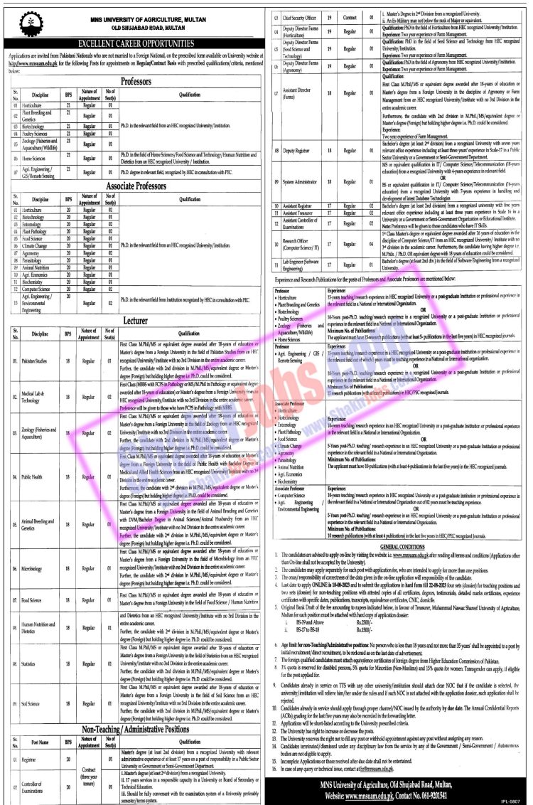 MNS University of Agriculture Multan Jobs August 2023 Ad 1