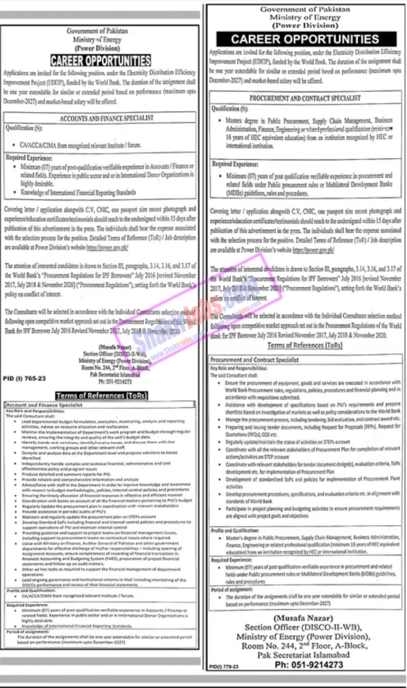 Ministry of Energy Power Division Jobs August 2023 Ad 2