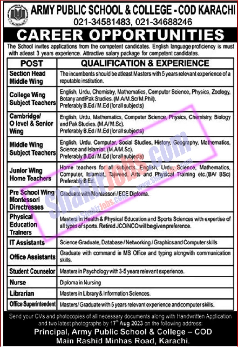 Army Public School and College Jobs August 2023