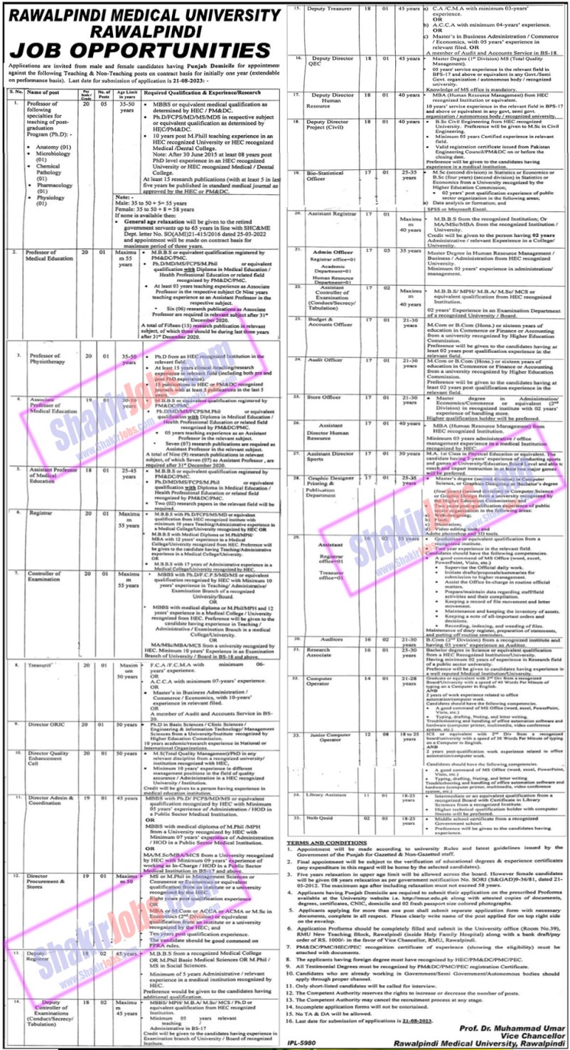 Rawalpindi Medical University Jobs August 2023