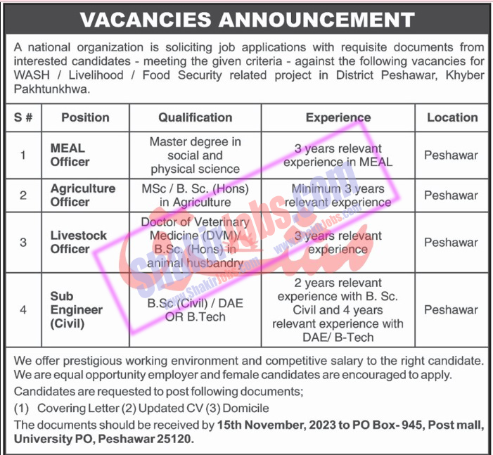 National Organization Peshawar Jobs November 2023