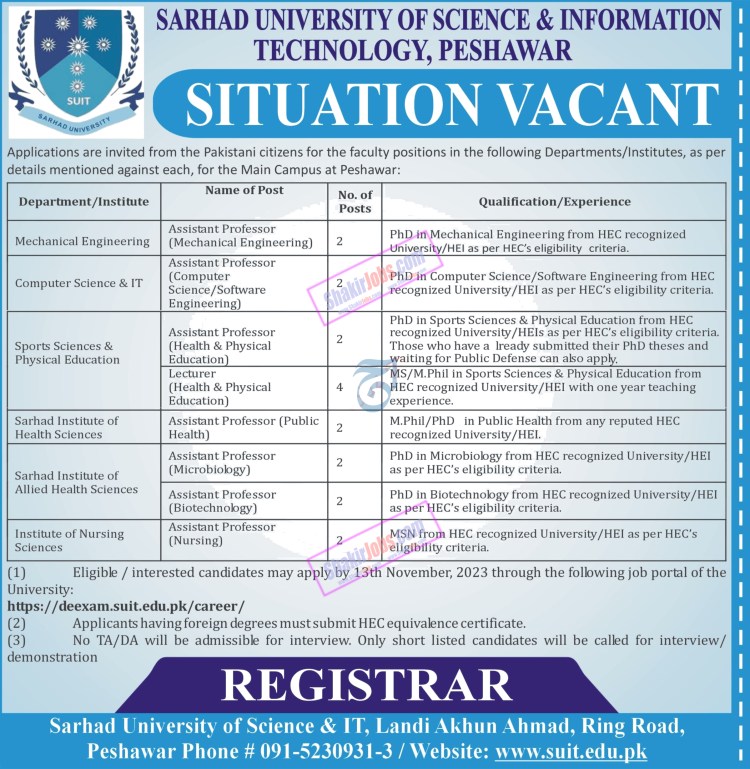 Sarhad University of Science and IT SUIT Jobs November 2023 Ad 1