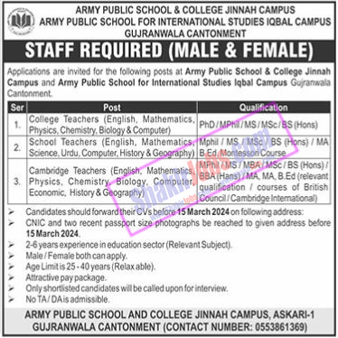 APS Gujranwala Jobs 2024 Army Public School