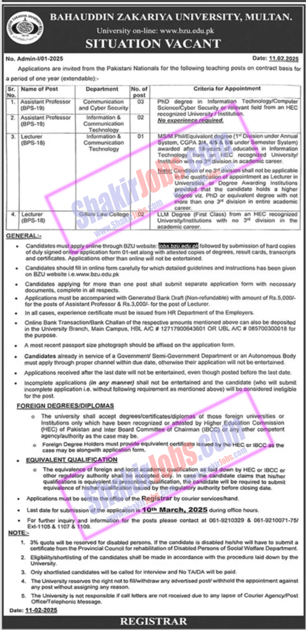 BZU Multan Jobs 2025 – Bahauddin Zakariya University