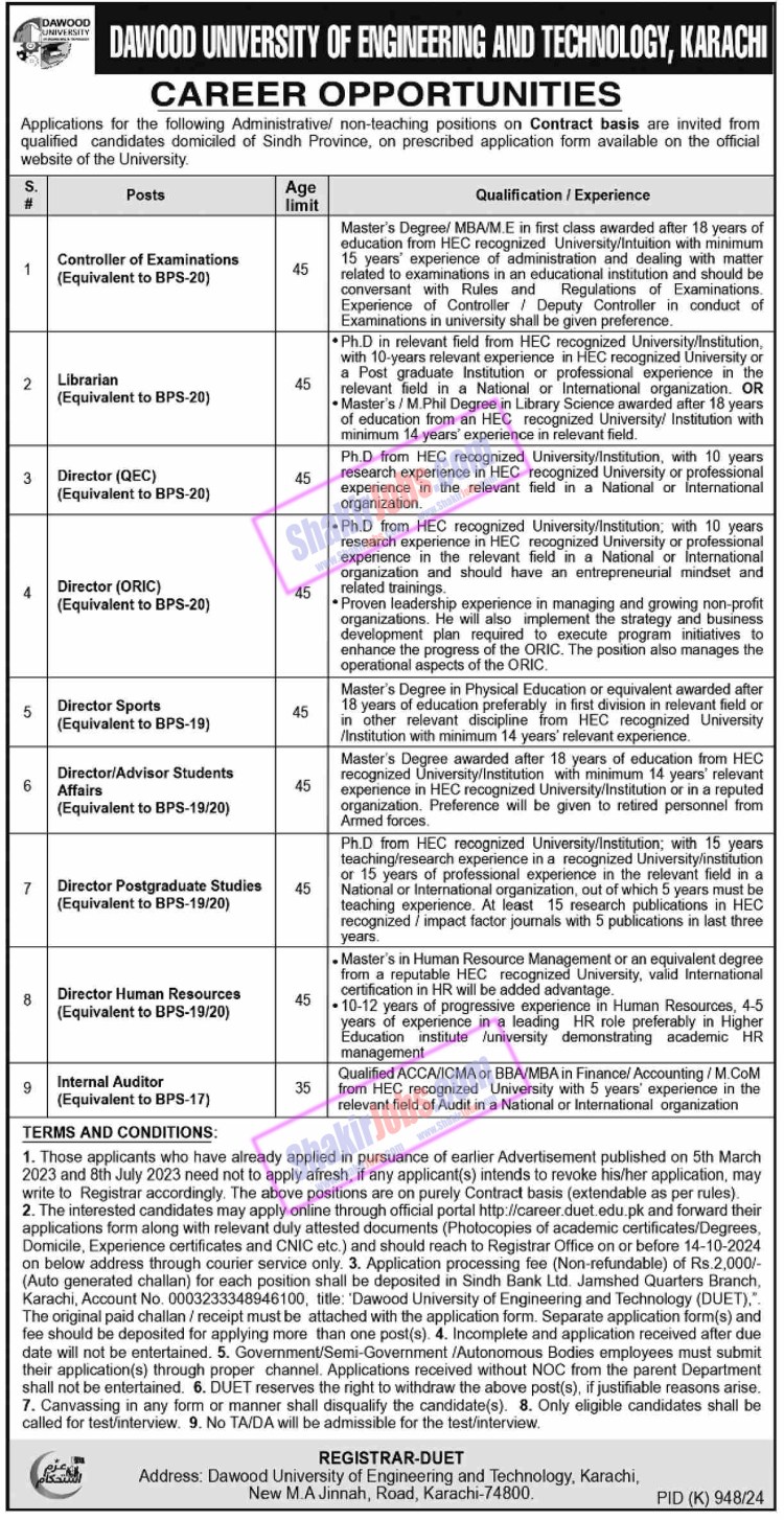 Dawood University of Engineering and Technology DUET Jobs 2024