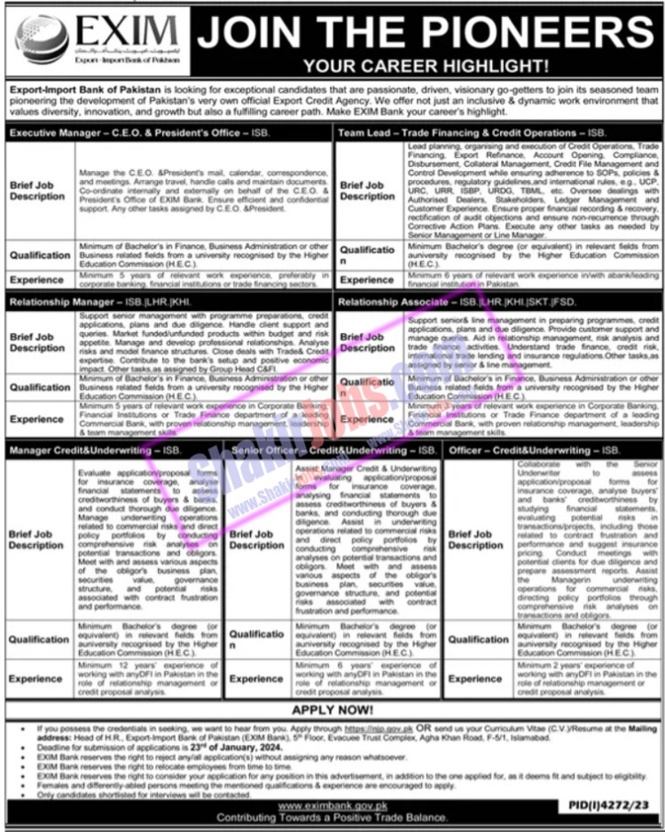 EXIM Bank of Pakistan Jobs 2024