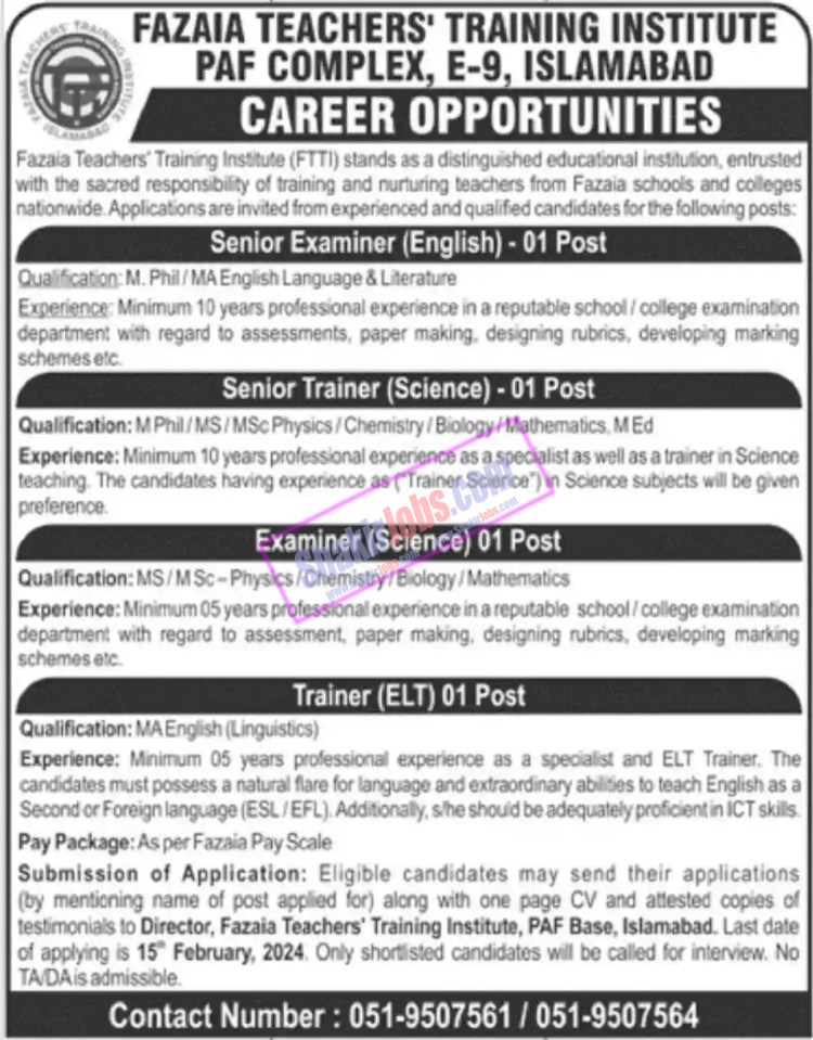 Fazaia Teachers Training Institute Jobs 2024 PAF Complex