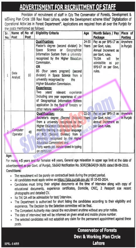 Forest Department Punjab Jobs 2024