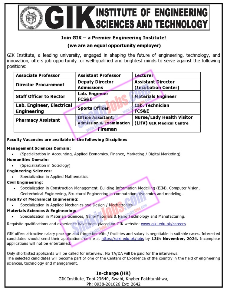 GIKI Institute of Engineering Science and Technology Jobs 2024 Ad 1