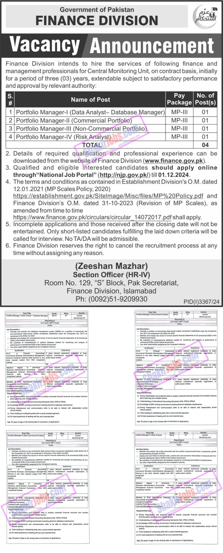 Government of Pakistan Finance Division Jobs 2024