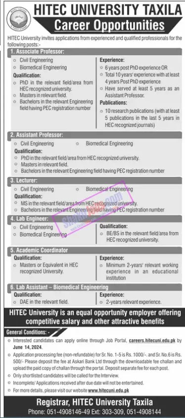 HITEC University Taxila Jobs 2024